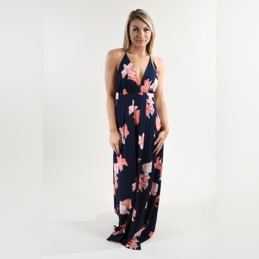 L'ATISTE By Amy Spaghetti Straps Floral Faux Wrap Plunging Backless Maxi Dress S